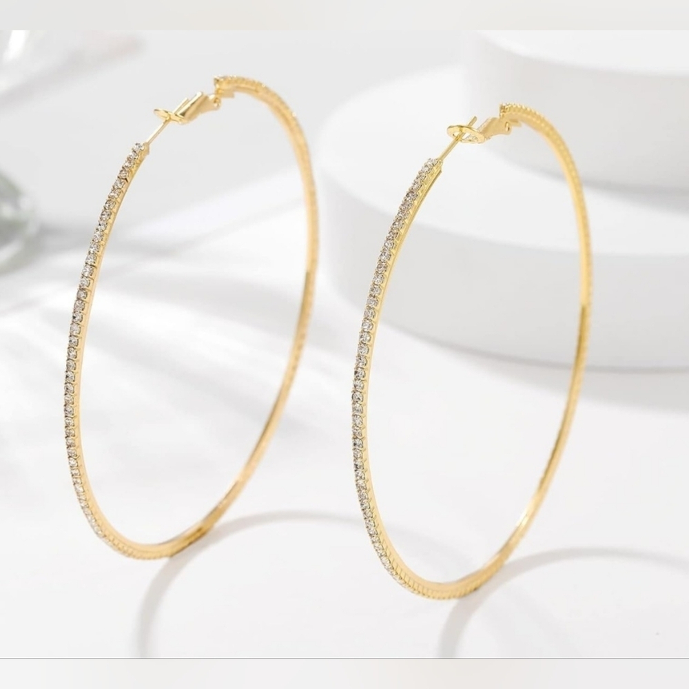 925 Sterling Silver Earrings Large Rhinestone Hoop Earrings Cubic Zirconia Gold